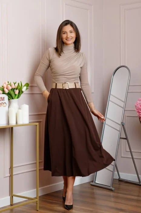 Fusta midi maro eleganta cu talie inalta si curea reglabila Ivy