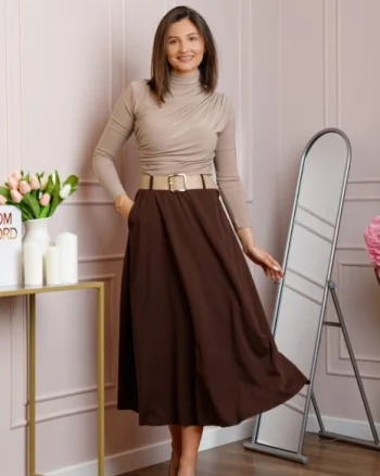 Fusta midi maro eleganta cu talie inalta si curea reglabila Ivy