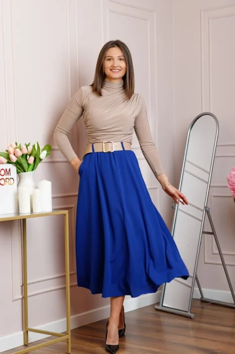 Fusta midi albastra eleganta cu talie inalta si curea reglabila Ivy