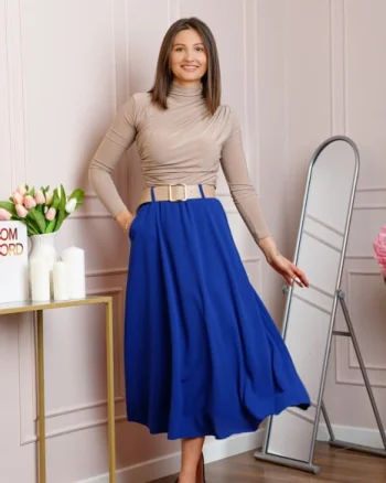 Fusta midi albastra eleganta cu talie inalta si curea reglabila Ivy