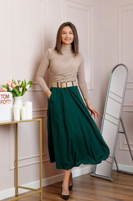 Fusta midi verde eleganta cu talie inalta si curea reglabila Ivy