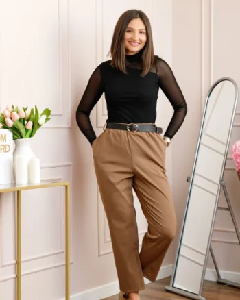 Pantaloni plus size camel cu talie elastica si curea reglabila Lillian