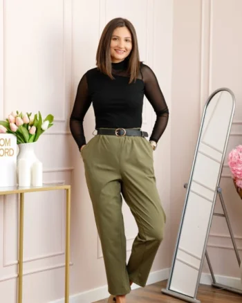 Pantaloni plus size kaki cu talie elastica si curea reglabila Lillian