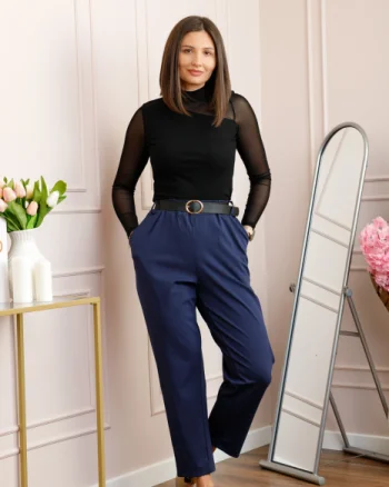 Pantaloni plus size bleumarin cu talie elastica si curea reglabila Lillian