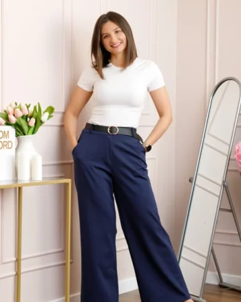 Pantaloni bleumarin evazati cu talie elastica la spate si curea reglabila Molly