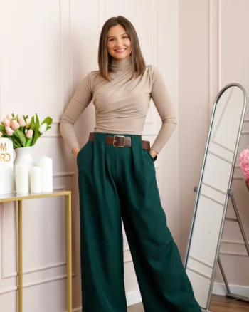 Pantaloni dama Judith verzi cu croi larg si talie inalta cu curea