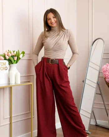 Pantaloni dama Judith grena cu croi larg si talie inalta cu curea