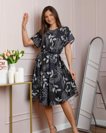 Rochie dama gri antracit Avery cu imprimeu floral si cordon in talie