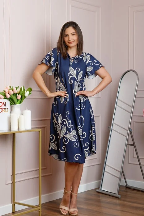 Rochie midi bleumarin cu imprimeu floral ivoire si snur la decolteu Shelby