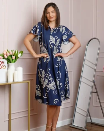 Rochie midi bleumarin cu imprimeu floral ivoire si snur la decolteu Shelby