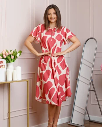 Rochie midi corai cu imprimeu geometric ivoire si snur la decolteu Shelby