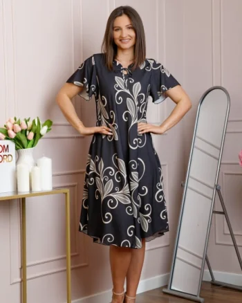 Rochie midi neagra cu imprimeu floral invoire si snur la decolteu Shelby