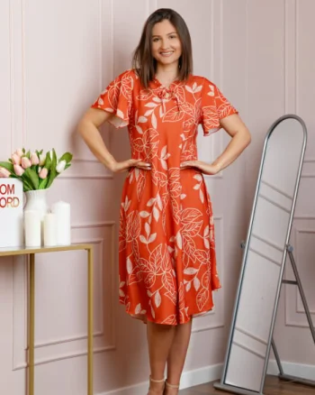 Rochie midi orange cu imprimeu floral ivoire si snur la decolteu Shelby