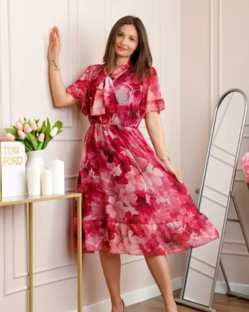 Rochie midi ciclam Annalise cu imprimeu floral si funda la decolteu