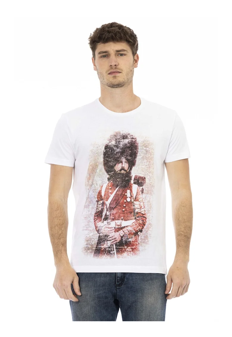 Tricou cu decolteu la baza gatului si imprimeu grafic, Alb