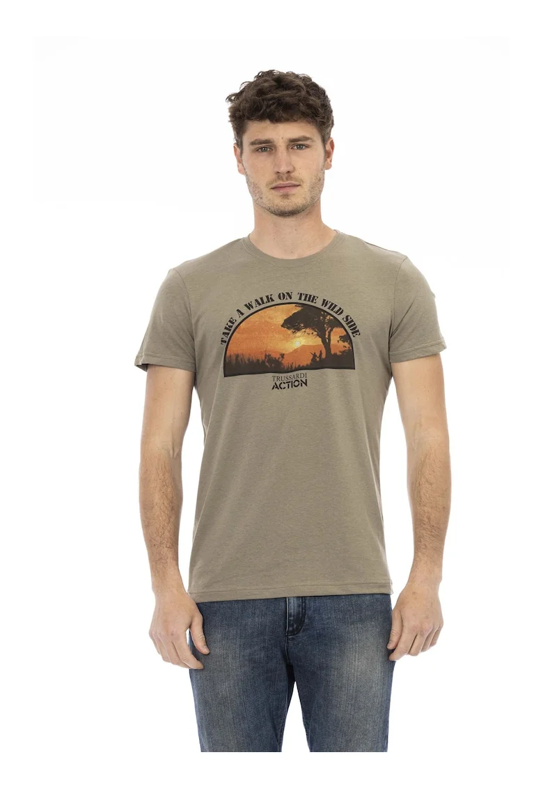 Tricou slim-fit cu decolteu la baza gatului si design, Verde