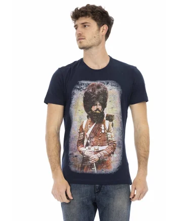Tricou cu decolteu la baza gatului si imprimeu grafic, Albastru inchis