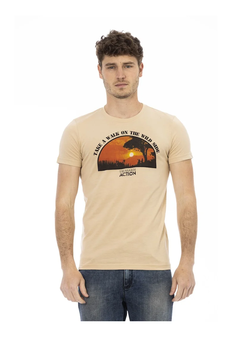 Tricou slim-fit cu decolteu la baza gatului si design, Bej inchis
