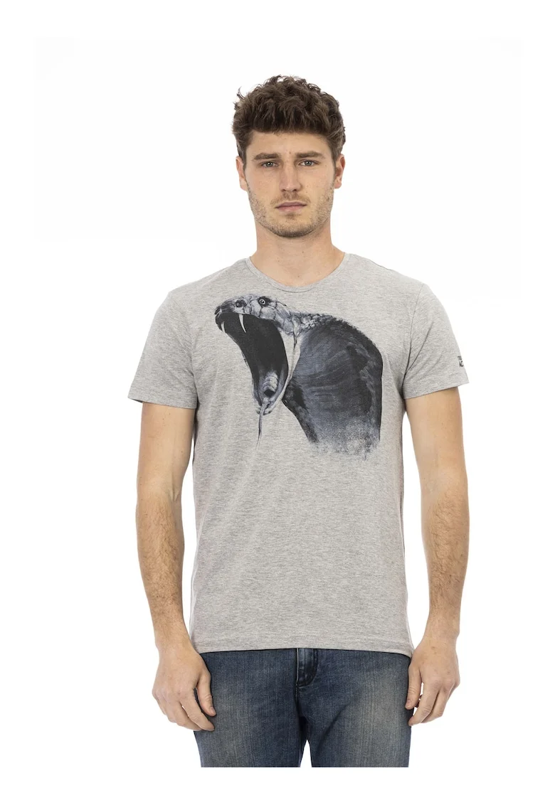Tricou cu decolteu la baza gatului si imprimeu grafic, Gri