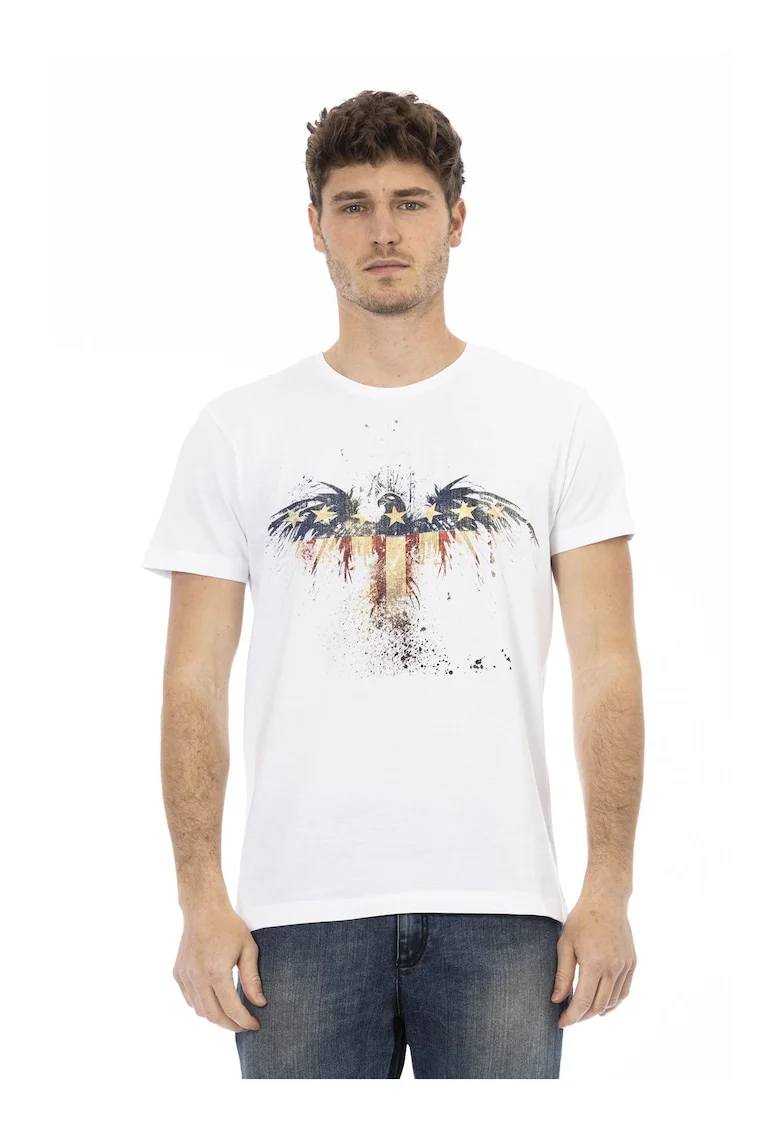 Tricou cu decolteu la baza gatului si imprimeu grafic, Alb
