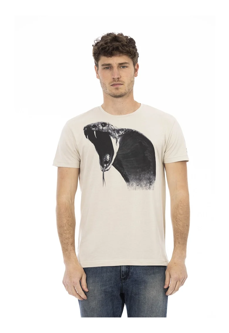 Tricou cu decolteu la baza gatului si imprimeu grafic, Bej inchis