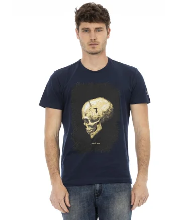 Tricou cu decolteu la baza gatului si imprimeu, Albastru inchis
