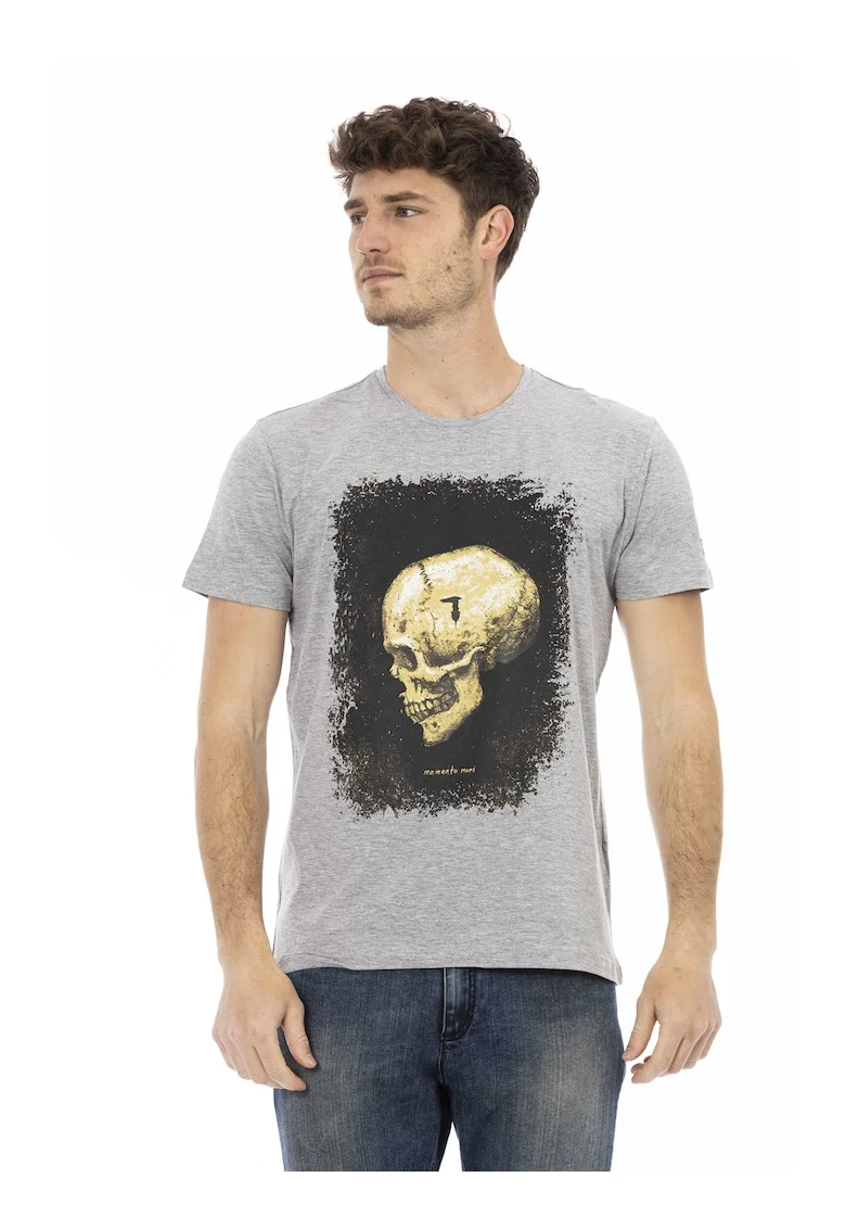 Tricou cu decolteu la baza gatului si imprimeu, Gri