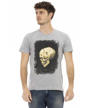 Tricou cu decolteu la baza gatului si imprimeu, Gri
