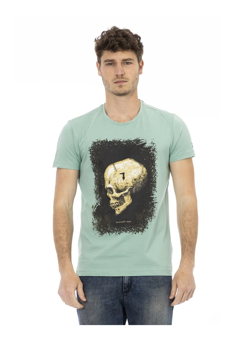 Tricou cu decolteu la baza gatului si imprimeu, Verde