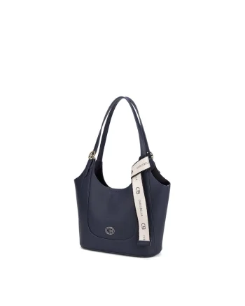 Geanta shopper din piele ecologica cu accesoriu logo, Bleumarin