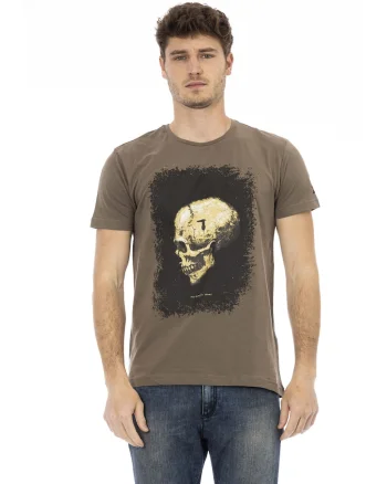 Tricou cu decolteu la baza gatului si imprimeu, Maro inchis