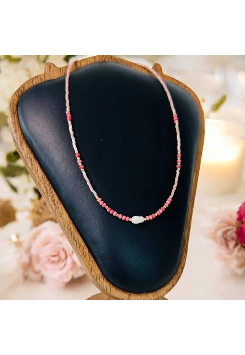 Colier choker handmade Elina din miyuki somon cu Rodocrozit si argint placat cu aur 925