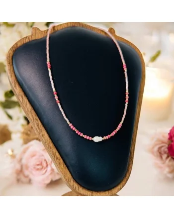 Colier choker handmade Elina din miyuki somon cu Rodocrozit si argint placat cu aur 925