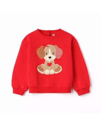 Hanorac fete iDO din bumbac elastic cu interior fleece, imprimeu catelus cu aplicatii si fundita, Rosu