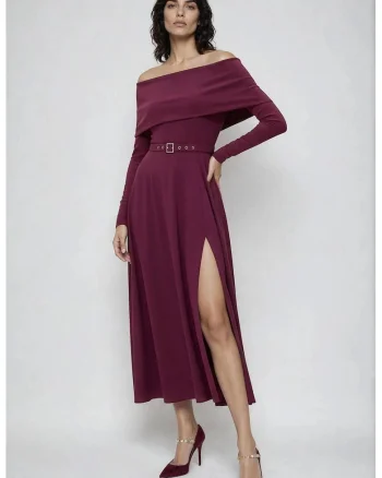 Rochie din amestec de lyocell cu decolteu pe umeri, Violet tyrian