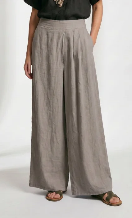 Pantaloni de vara din in cu croiala ampla si pliuri in talie, bej inchis