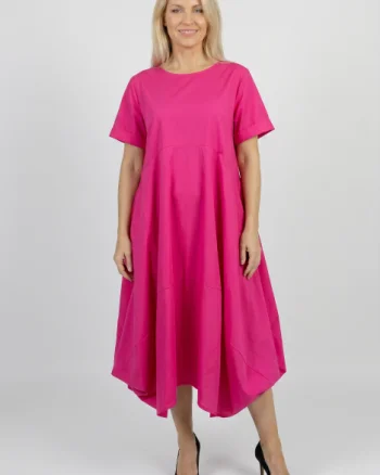 Rochie midi lejera oversize din bumbac, cu croi amplu si colturi, fucsia