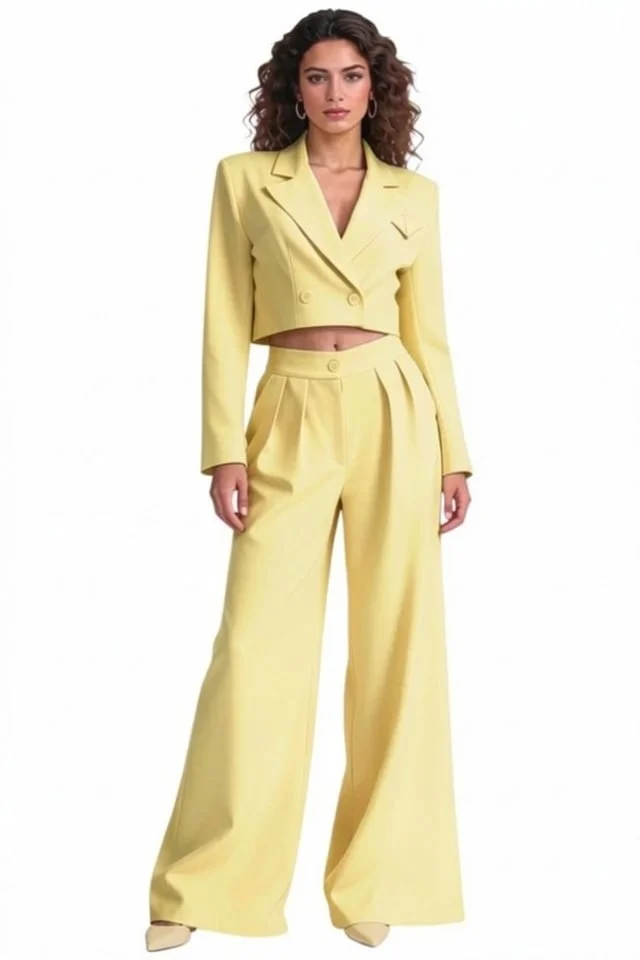 Costum office Marcella, cu sacou structurat si pantaloni evazati, Galben, Marime S/M