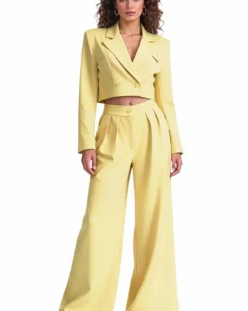 Costum office Marcella, cu sacou structurat si pantaloni evazati, Galben, Marime S/M