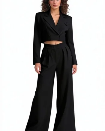 Costum office Marcella, cu sacou structurat si pantaloni evazati, Negru, Marime S/M
