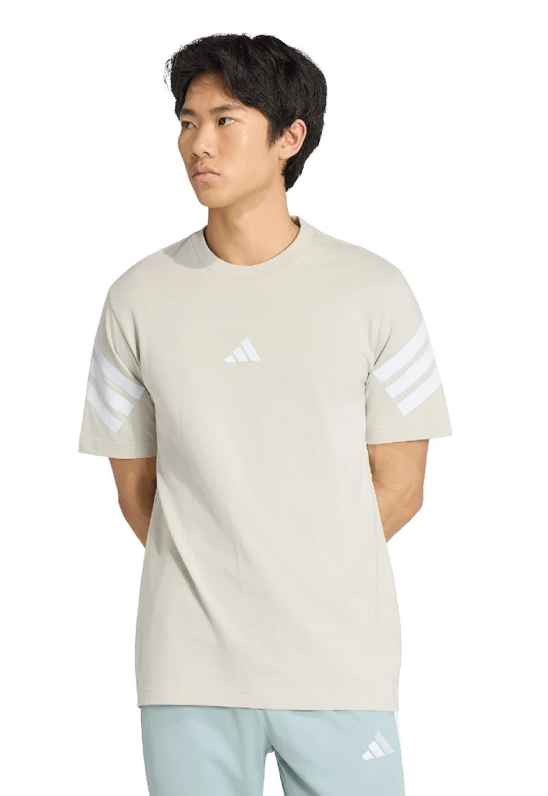 Tricou de bumbac cu decolteu la baza gatului si logo, Alb/Maro nisip
