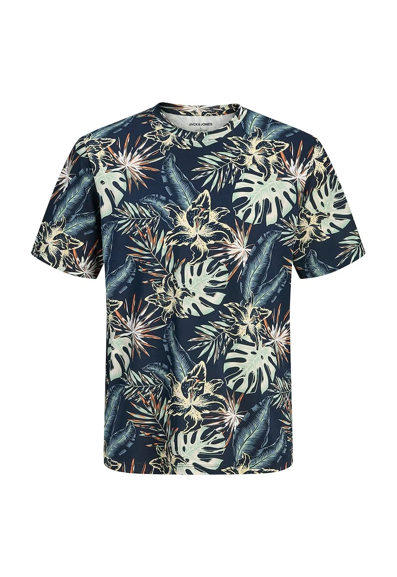Tricou din bumbac cu decolteu la baza gatului si imprimeu, Bleumarin