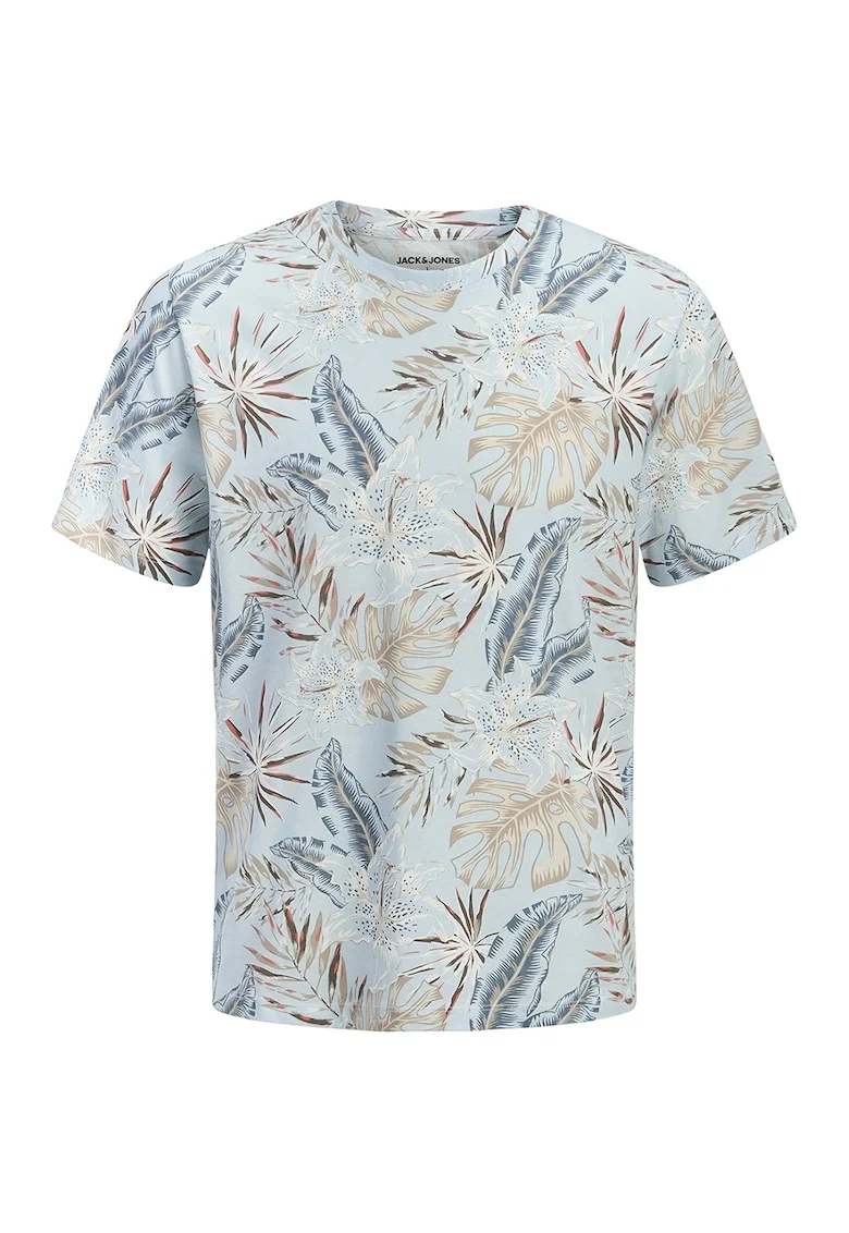 Tricou din bumbac cu decolteu la baza gatului si imprimeu, Albastru pastel