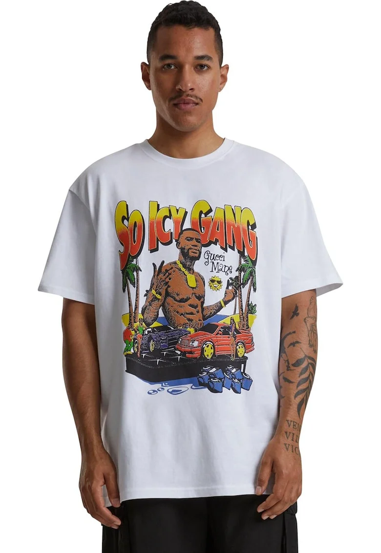 Tricou cu decolteu la baza gatului si imprimeu grafic, Alb/Maro taupe