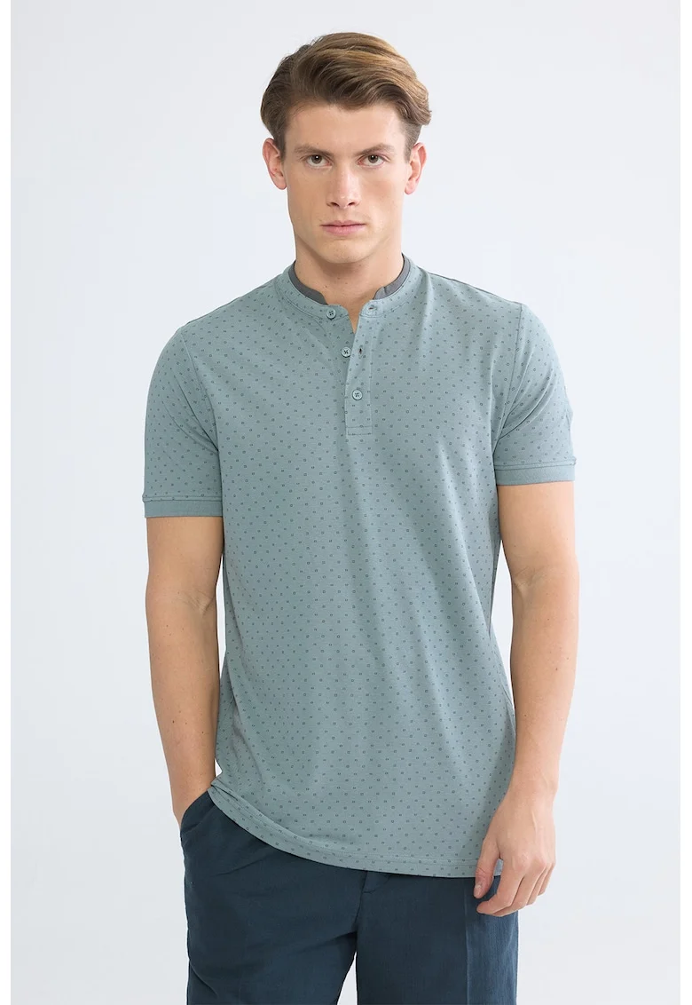 Tricou de bumbac cu fenta cu nasturi, Albastru prafuit