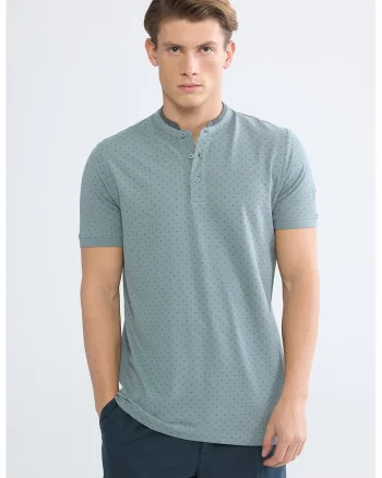 Tricou de bumbac cu fenta cu nasturi, Albastru prafuit