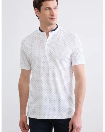 Tricou de bumbac cu fenta cu nasturi, Alb/Albastru ultramarin