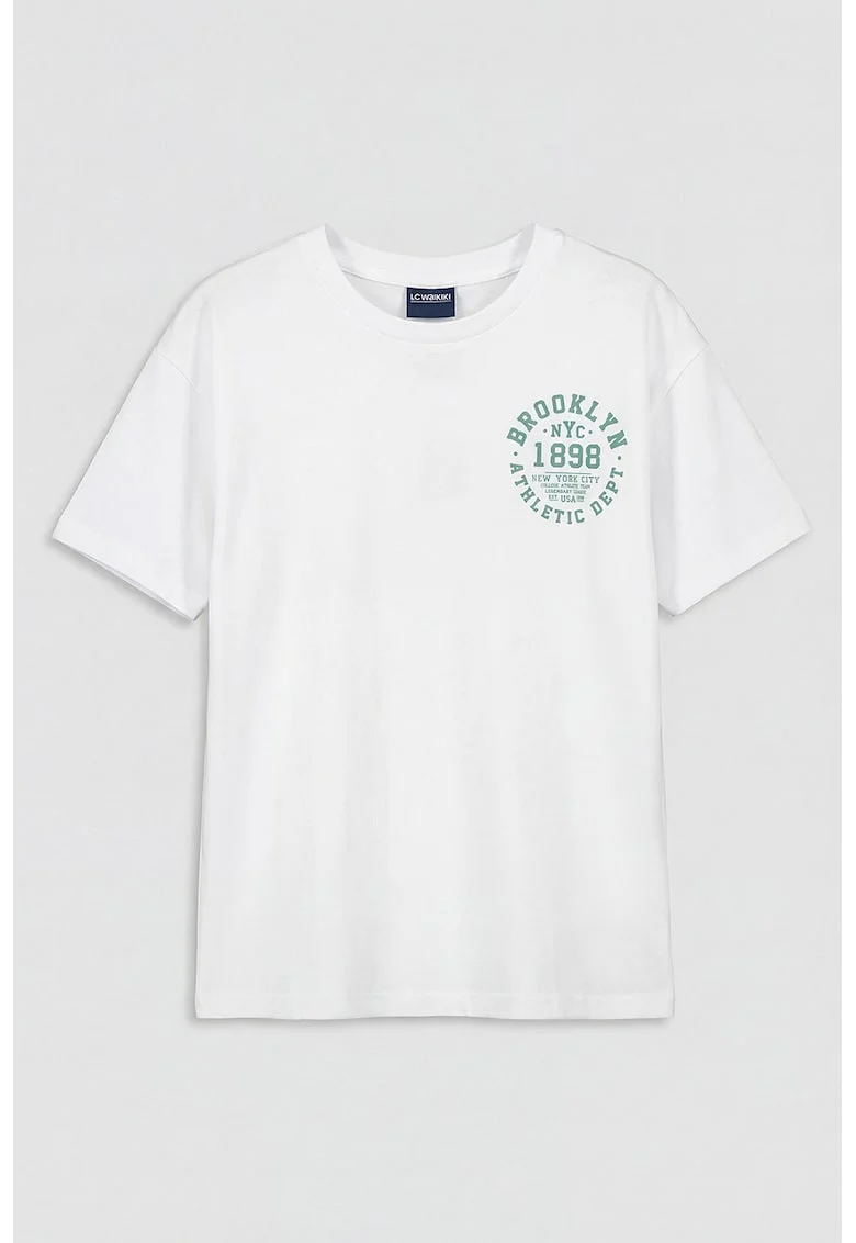 Tricou de bumbac cu decolteu la baza gatului, Alb/Verde aquamarin