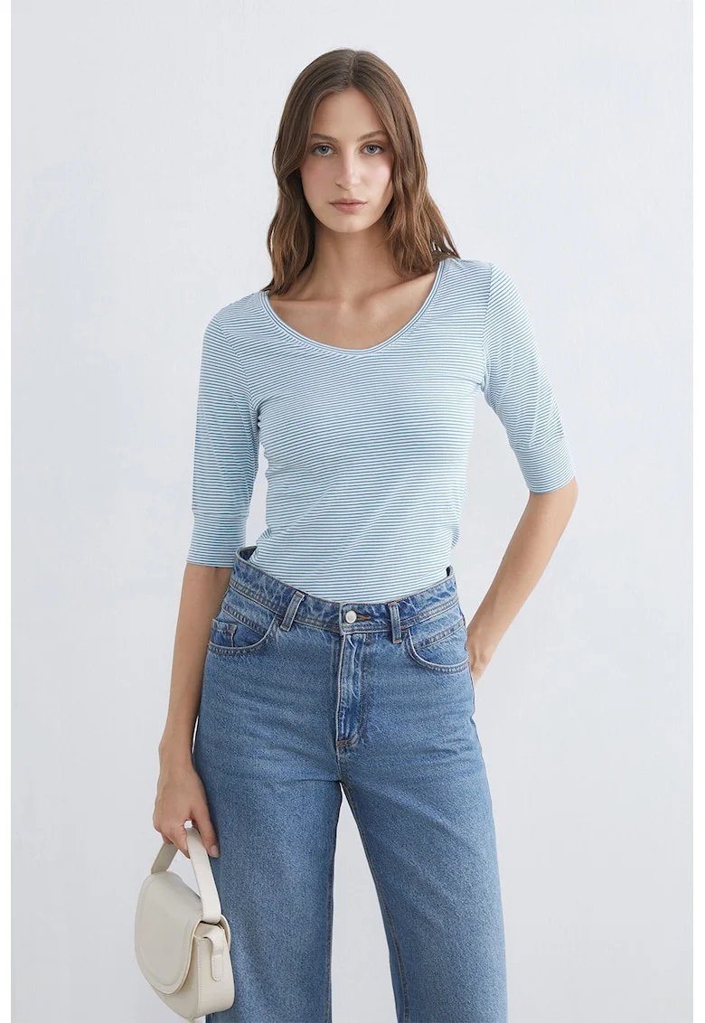 Tricou cu dungi si decolteu rotund, Albastru lavanda