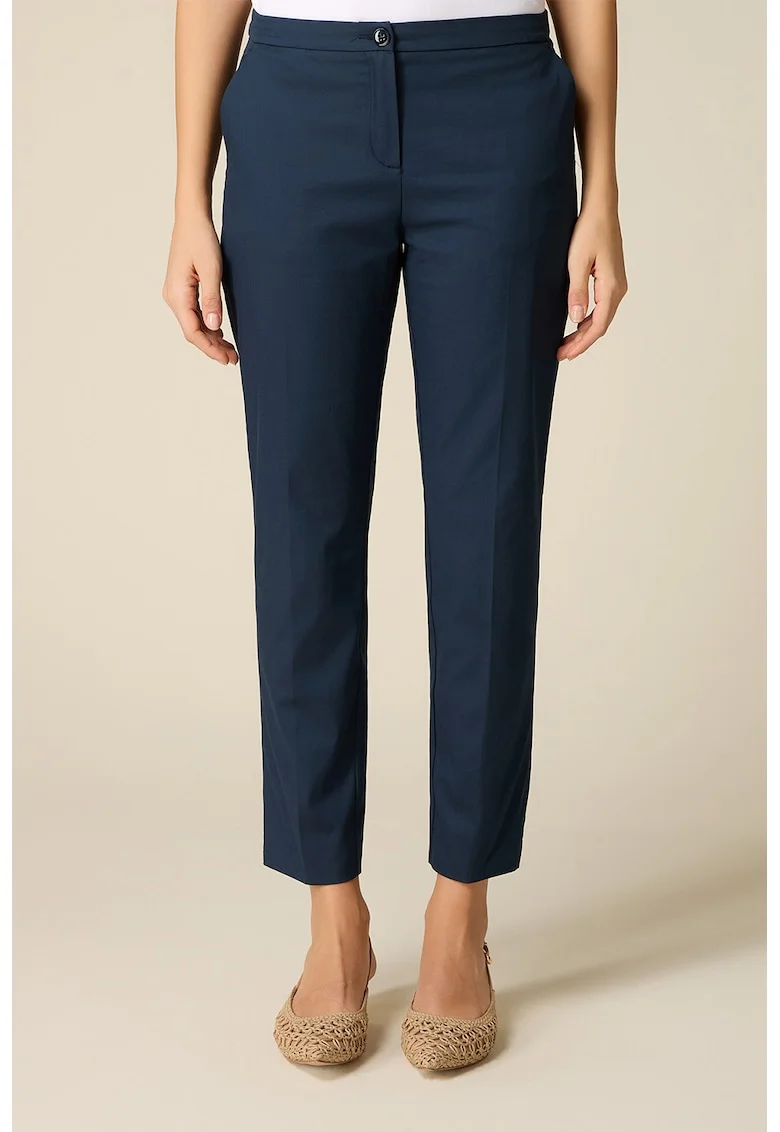 Pantaloni crop din amestec de bumbac cu croiala conica, Bleumarin